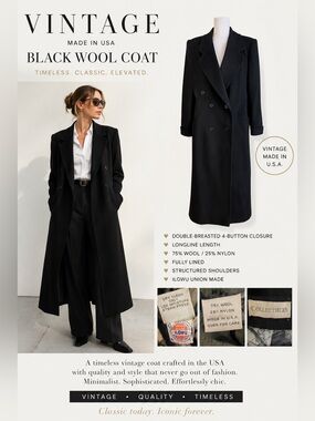 Collectibles long double breasted trench coat black wool blend VTG Full length
